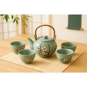Hinomaru Collection Japan 1990s Tea Set Sakura Sage Green Teapot & 4 Cups